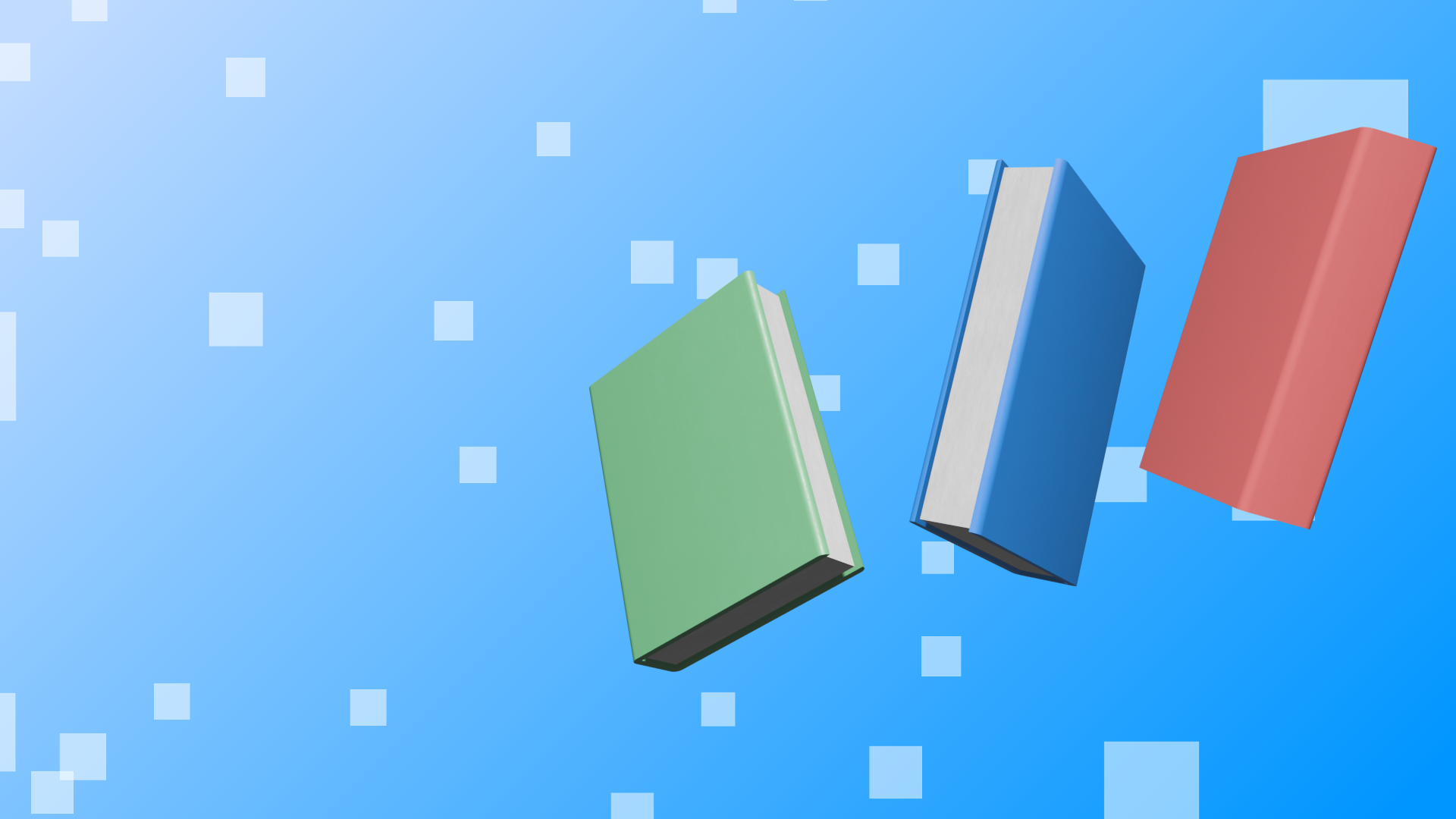 空に舞う赤と緑と青の本の画像